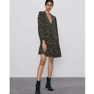 ZARA Black Tan Animal Print V Neck Flounce Hem Mini Shift Dress Small Tunic